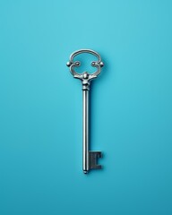 Elegant key isolated on a solid blue background, minimalist style, crisp and clear detailing