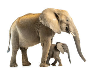 Obraz premium Elefant auf vier beinen mit baby isoliert auf weißen Hintergrund, Freisteller 