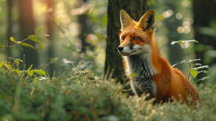Majestic Red Fox In Sunlit Forest With Soft Green Foliage