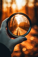 Hand of photographer adjusting a protective filter on a camera lens, bright daylight, sharp focus