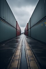 Industrial cargo containers, close-up, rows extending into the distance, overcast lighting, high detail