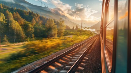 Nature landscape view from train window. concept vacation. generative AI image