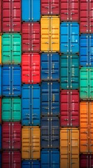 Seamless background of multicolored shipping containers, orderly arrangement, clear sky, detailed texture