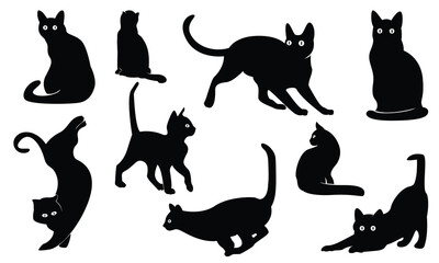 Set black cats. cat silhouette vector illustration collection. black silhouette on a white background showing various cat poses. ideal for pet themed designs