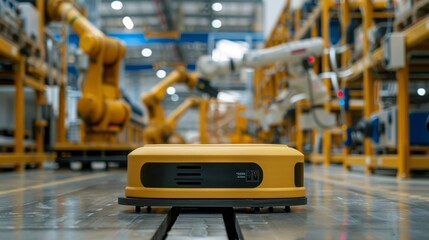 A robot is in a factory with a large orange computer screen