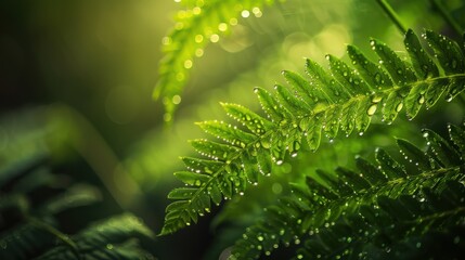 Close-up of green fern leaves covered in dew drops, illuminated by sunlight, showcasing their natural beauty and freshness.
