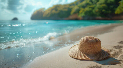 A straw hat lying on the sand of an exotic beach, with crystal clear turquoise water and lush greenery in the background