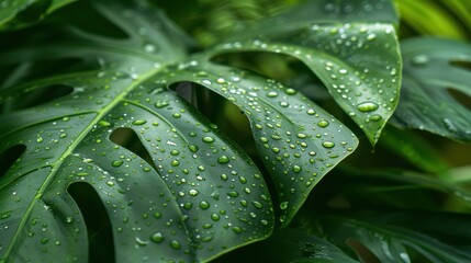 Close-up of lush green monstera leaves covered in dew drops, showcasing their natural texture and freshness in a tropical setting.  © hathairat