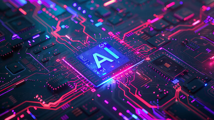 Obraz premium AI Processor Chip on Cyberpunk Circuit Board with Neon Accents