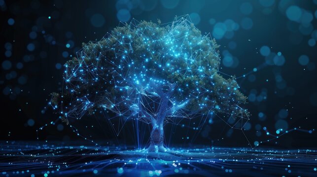 Futuristic polygonal tree with blue cyber network connection technology. generative AI image