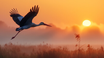 a beautiful stork soars over a field with fog spreading over it at dawn