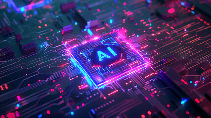 Fototapeta premium AI Microprocessor on Advanced Circuit Board with LED Illumination