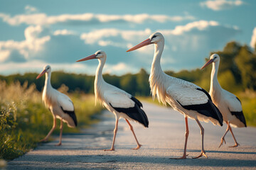 a group of majestic storks crosses the road