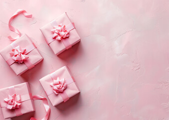 pink gift boxes with bows on a pastel background, in a flat lay.Minimal creative party concept.