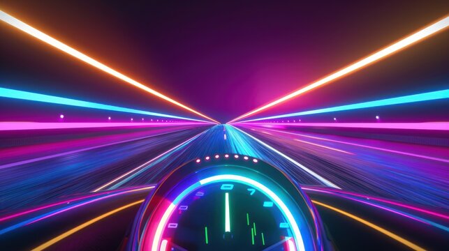 digital speedometer with rainbow glowing neon lights with slow motion highway. generative AI image