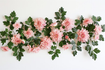 A delicate floral garland made of pink chrysanthemums and green leaves is hung on the white wall. Minimal creative advertise concept.Flat lay,trandy social mockup with copy space or company logo