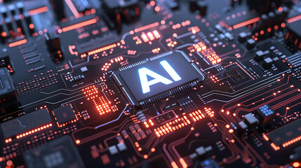Obraz premium AI Processor on Futuristic Circuit Board with Orange LED Illumination