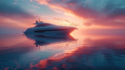 Fototapeta premium Luxury yacht sailing on calm sea at sunset reflecting on water