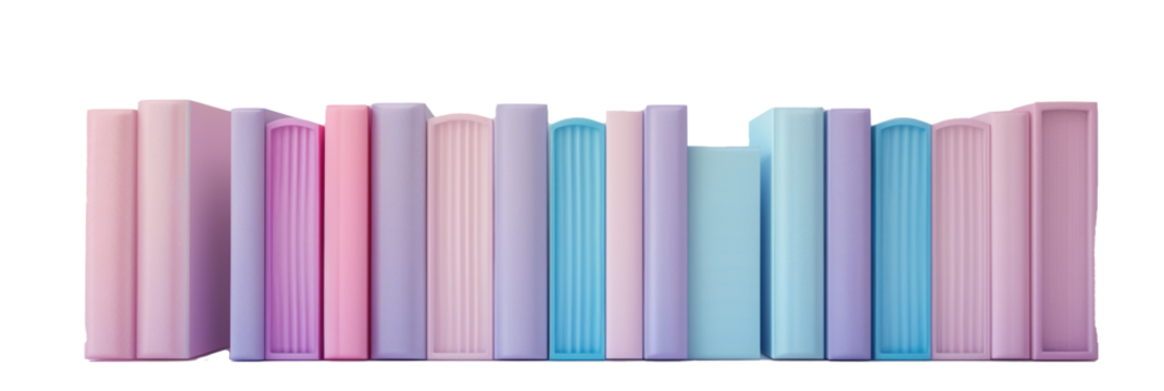 Pastel colored books arranged in a row concept of education on a transparent background