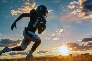 Full shot of football player silhouette running with the sunset in the background. The player is wearing a uniform and helmet.and is seen in worm's eye view