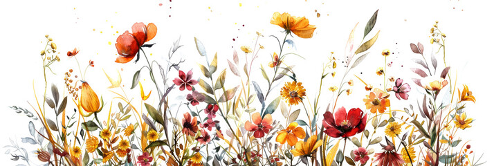 Colorful watercolor field of wildflowers vibrant nature scene on a transparent background