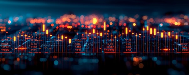 Glowing digital numbers and graphs on a dark backdrop, symbolizing financial markets, trading, and economic data analysis
