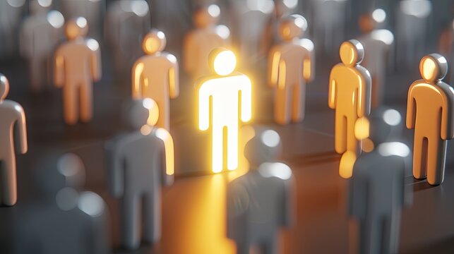 Unique glowing figurine stands out from the crowd, symbolizing the success and confidence of a leader. I'm different - I'm a winner! The concept of individuality and standing out from the crowd.
