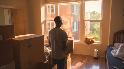 A university student moving into his new dorm apartment, unpacking boxes and arranging furniture