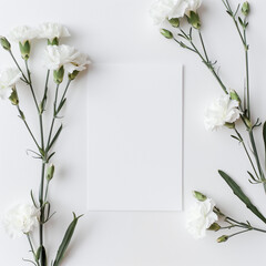 A minimalist flat lay of an empty white card with mini white carnations.Minimal creative nature and advertise concept.Flat lay