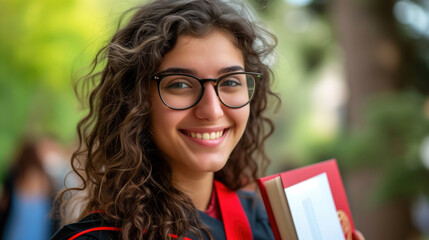 Fototapeta premium Confident Female Graduate Smiling While Holding Books Outdoors in a Natural Setting