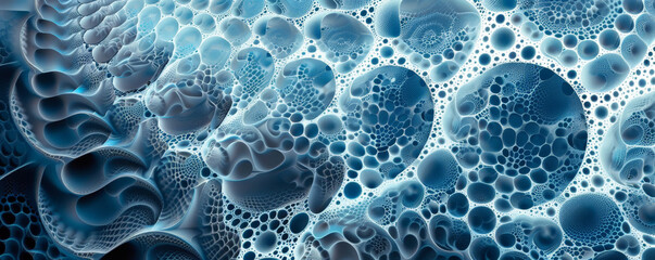 Geometric background with intricate, fractal-like patterns in blue and white.