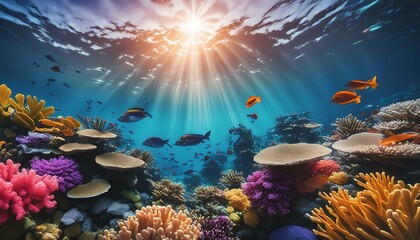 Fototapeta premium Magische Tiefen: Sonnenstrahlen und bunte Fische in der Unterwasserwelt