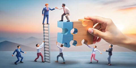 Helping to reach goal as teamwork power with partners tiny person concept. Common target collaboration with business partnership strategy vector illustration. Support, motivation and giving hand scene