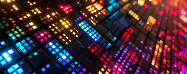 Geometric background with vibrant, neon grid patterns on a black background.