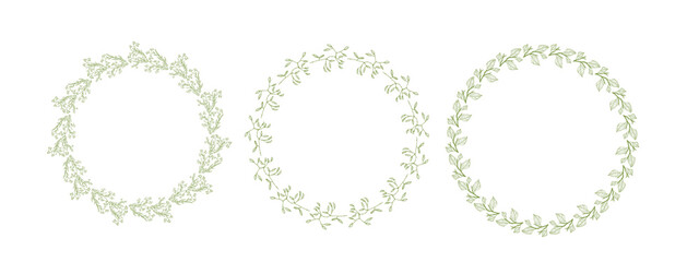 Floral round borders vector set. Green twigs, circle drawn frame illustration. Hand drawn wreath leaves.