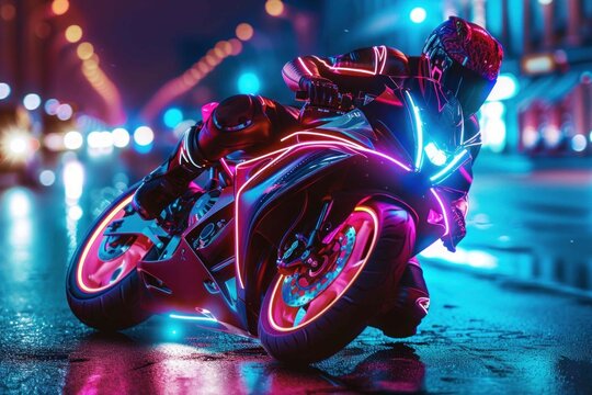Stunning photo of biker motorcyclist driving sportbike with neon lights