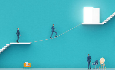 Businessman walks with rope in order to achieve the higher place. Business environment concept with stairs and opened door, representing career, achievement, growth and  success, 3d rendering