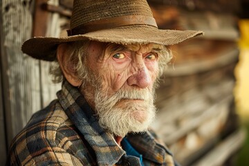 Fototapeta premium Closeup of a senior man with a rugged look wearing a hat, leaning against a wooden backdrop