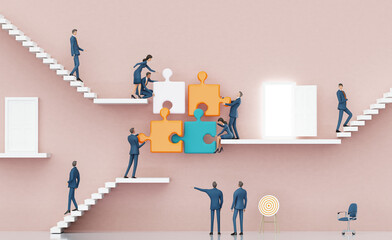 Successful business people work together with puzzles, business concept illustration representing achievement, growth and successful career journey. 3D rendering