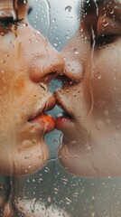 Fototapeta premium Two girl kissing in the rain with water droplets on their faces