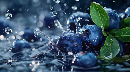 Blueberries with leaves and splashes of water on a monochrome background