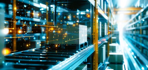 Fototapeta premium Abstract view of a futuristic warehouse with glowing shelves and boxes.