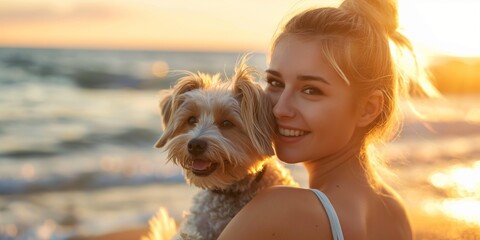 woman with Havanese dog on lap at beach , happy summer traveling and holiday with pet companion concept