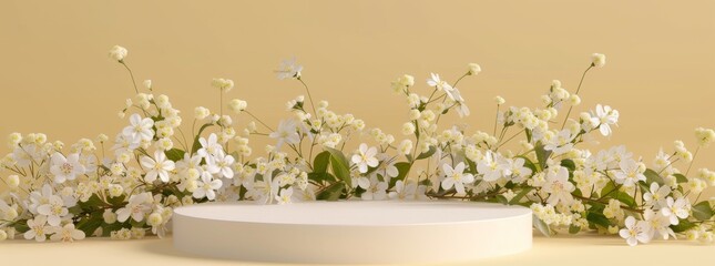 Elegant 3D podium surrounded by delicate white spring flowers on a pastel yellow background. Ideal for showcasing products in a fresh, springtime setting.. Background podium 3D spring flower.