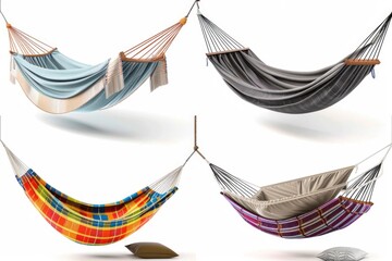 Hammocks hanging from ropes in a outdoor setting, suitable for camping or relaxation