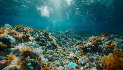 Obraz premium An underwater photograph depicting pollution with scattered plastic waste and marine life