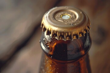 A close-up view of a beer bottle sitting on a table, perfect for use in food and drink related contexts