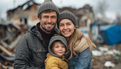 A family stands together in a warm embrace among the ruins, representing unity and love in tough times