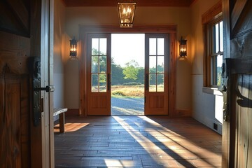 Warm sunlight pours through open doors into a welcoming hallway, casting shadows on wooden floors