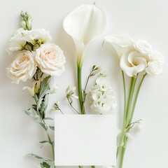 Obraz premium white wedding invitation with flowers , different types of lilies and roses and calla's, flat lay photography style, white background.Copy space